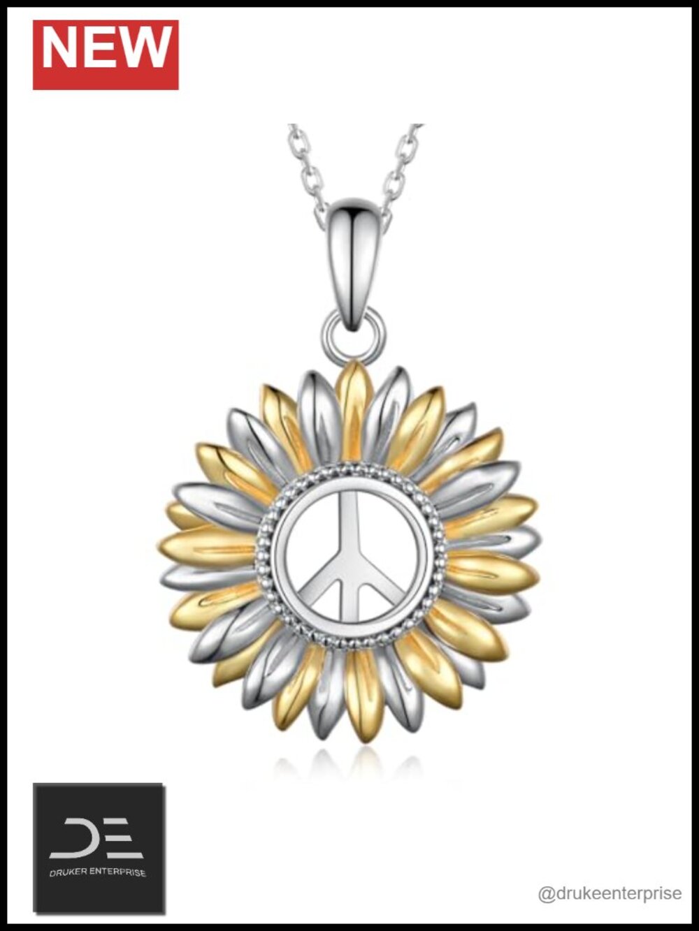 925 Sterling Silver Gold Plated Peace Sign Sunflower Pendant Necklace with Gift
